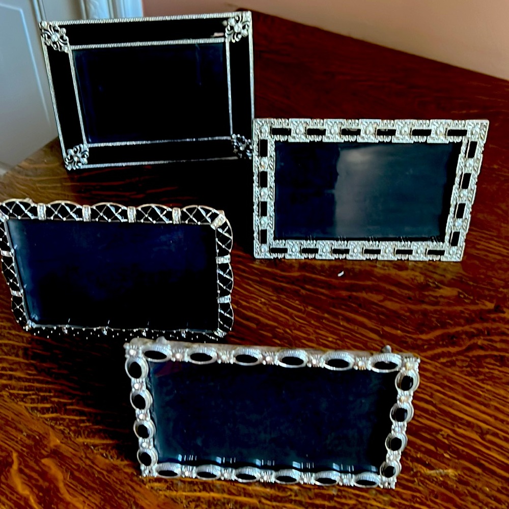 Set of 4 Jeweled Black Enamel & Silver Vintage Picture Frames